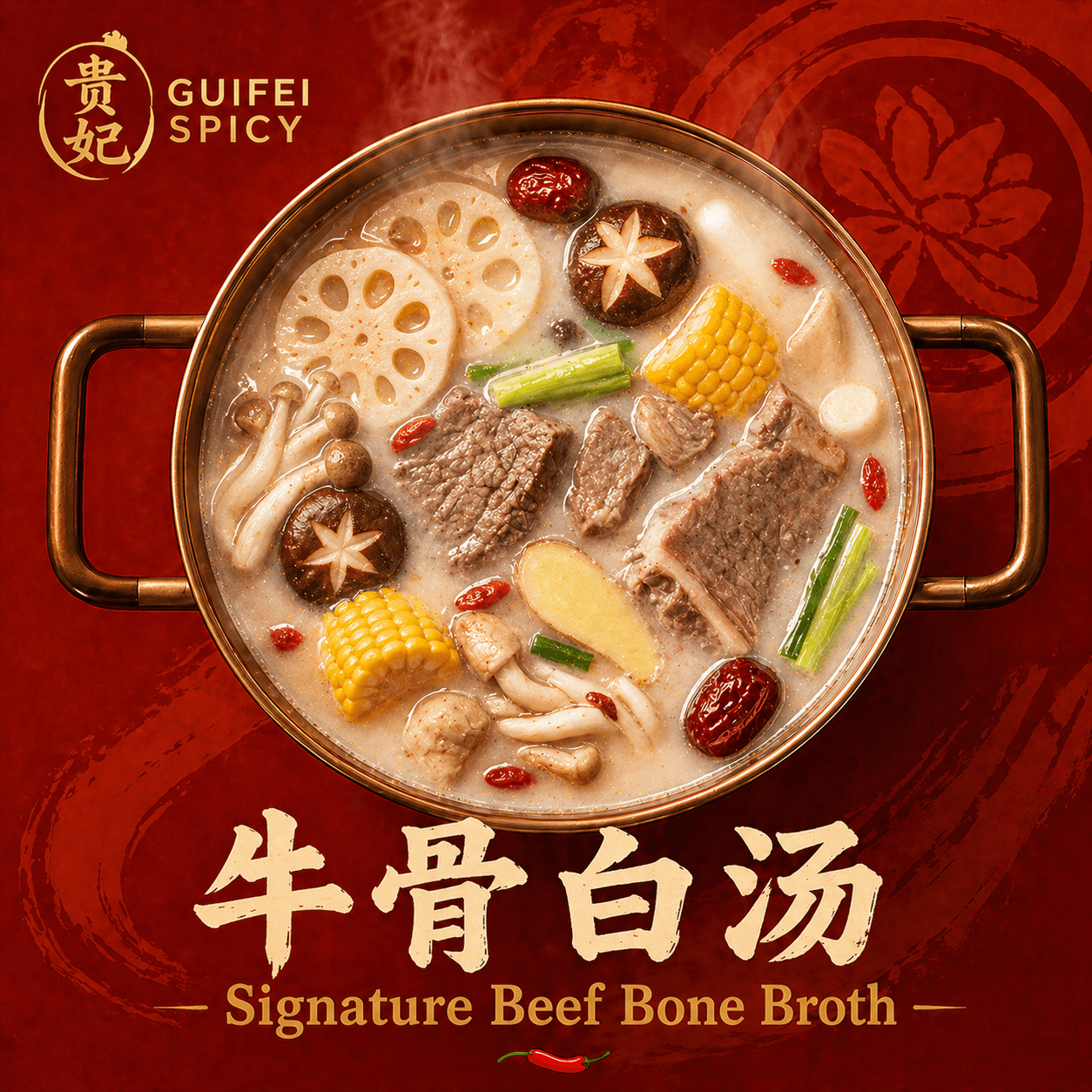 Signature beef bone broth poster — copper pot with short ribs, lotus root, and goji berries on deep red background