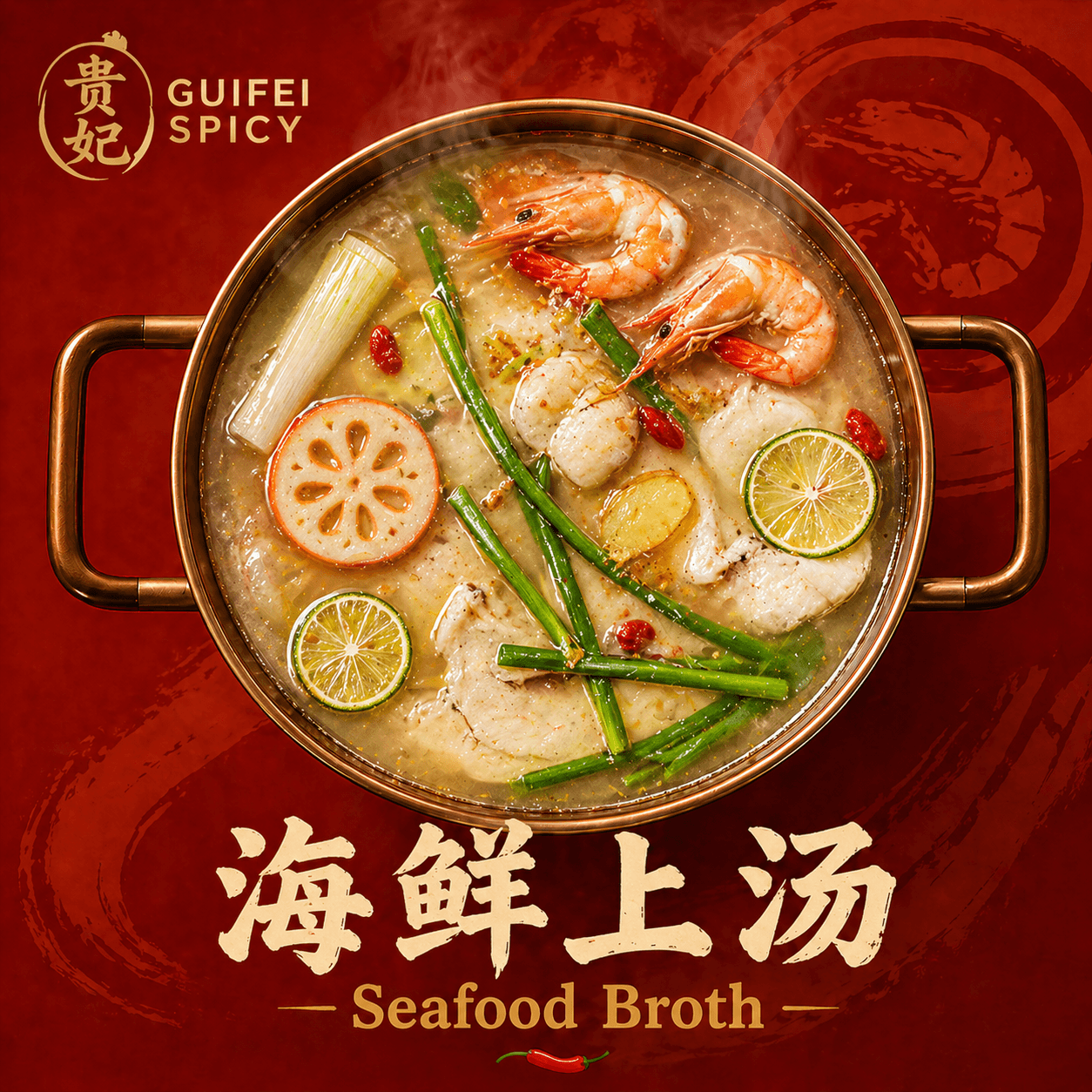 Seafood broth poster — copper pot with shrimp, fish, and fresh herbs on deep red background