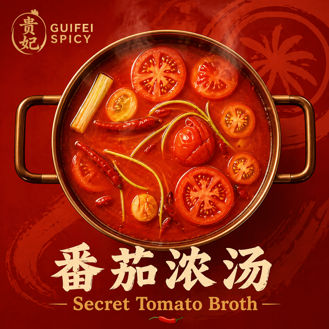 Secret Tomato broth poster — copper pot with sliced tomatoes and dried chilies on deep red background