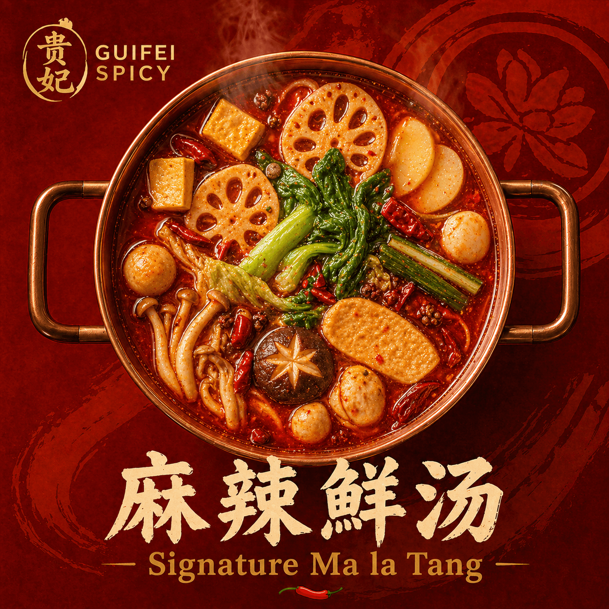 Signature Ma La Tang poster — copper pot with crimson broth, lotus root, mushrooms, and greens on deep red background