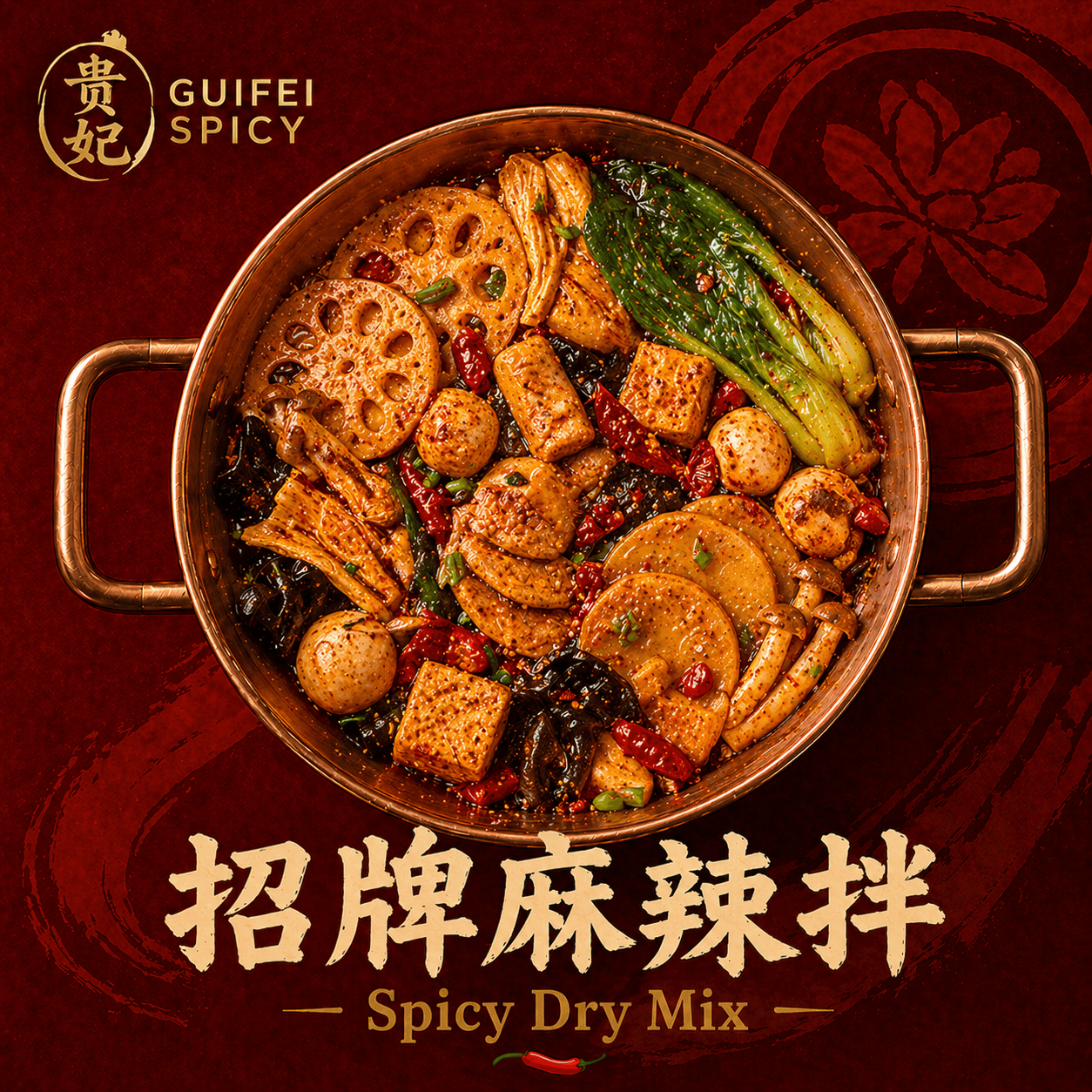 Spicy dry mix poster — copper pot with lotus root, tofu, and greens tossed in chili oil on deep red background