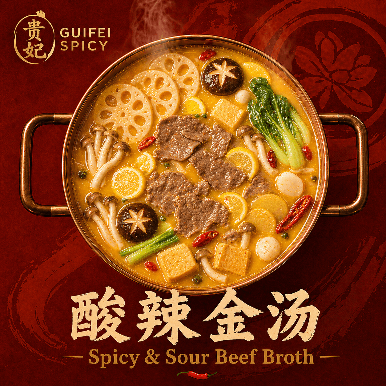 Spicy and sour beef broth poster — copper pot with lotus root, mushrooms, and bok choy on deep red background