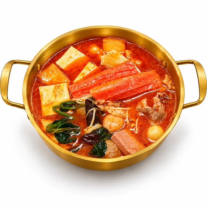 Secret Tomato broth poster — copper pot with sliced tomatoes and dried chilies on deep red background