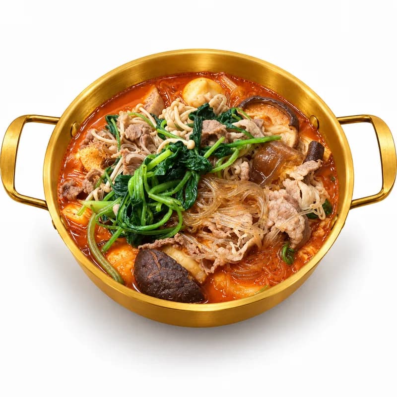 Signature Ma La Tang poster — copper pot with crimson broth, lotus root, mushrooms, and greens on deep red background