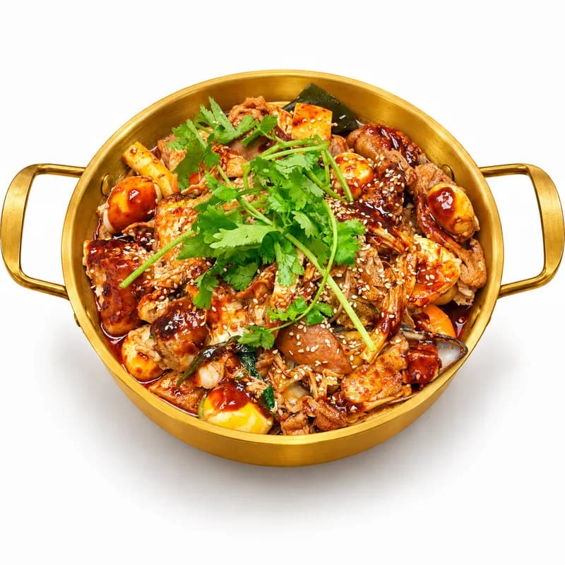 Spicy dry mix poster — copper pot with lotus root, tofu, and greens tossed in chili oil on deep red background