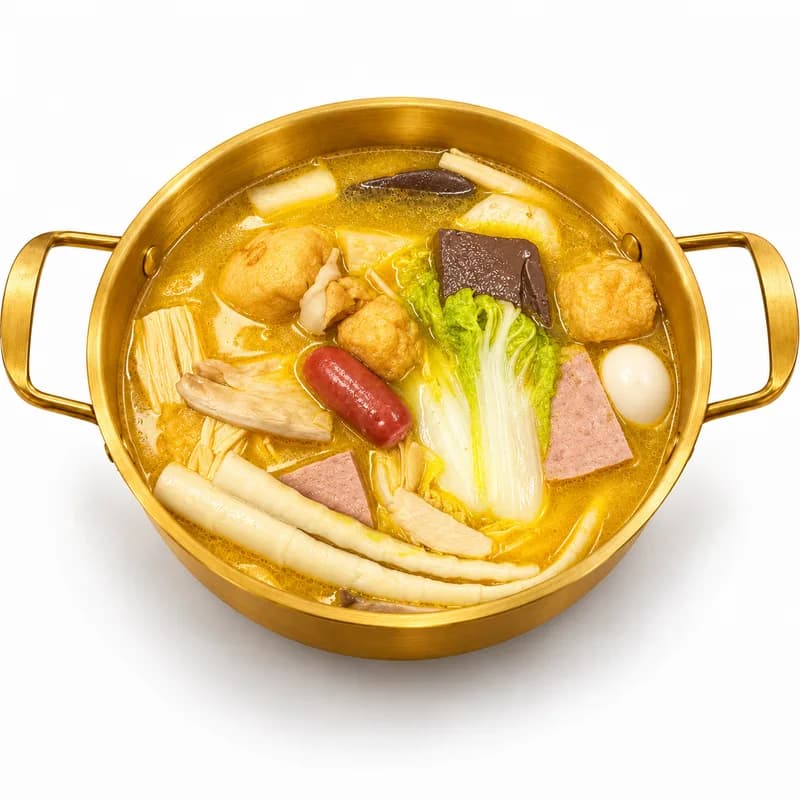 Spicy and sour beef broth poster — copper pot with lotus root, mushrooms, and bok choy on deep red background