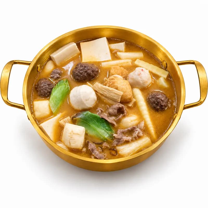 Tom Yum broth poster — copper pot with shrimp, mushrooms, and lemongrass on deep red background