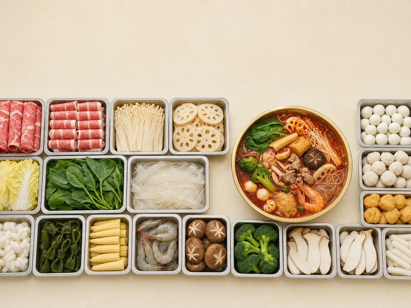 The ingredient bar from above — steel trays of marbled beef, enoki, lotus root, quail eggs, fish balls, tofu puffs, greens and noodles around a gold pot of finished malatang