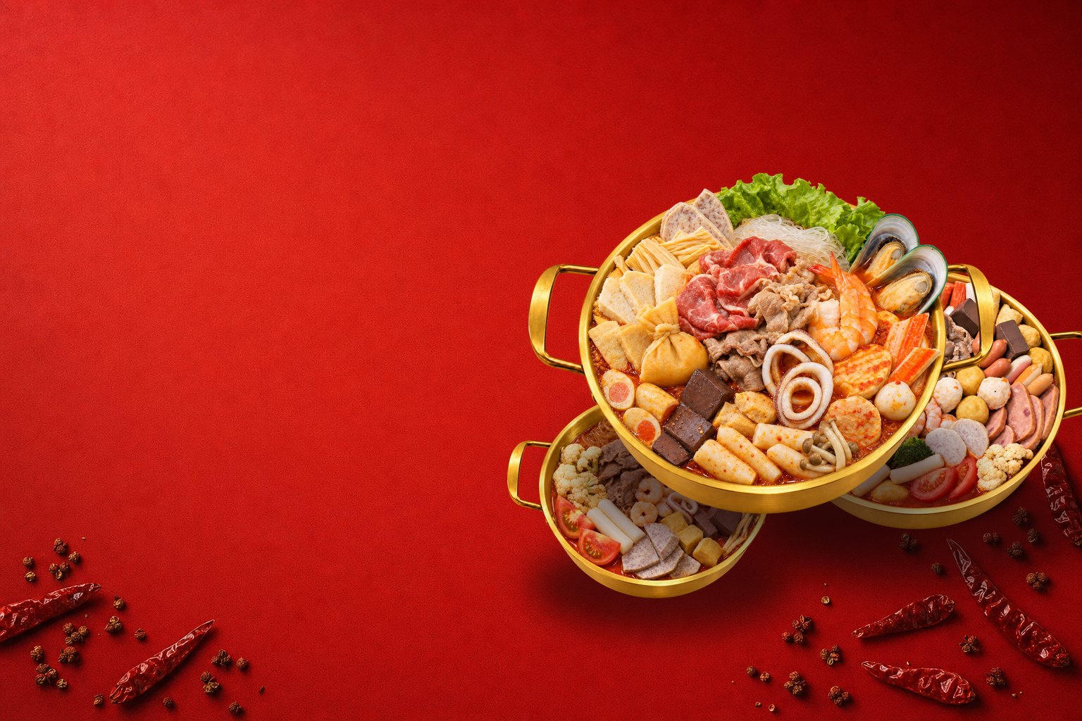 The three Guifei Spicy Signature Bowls — Princess, Consort and Emperor — in gold pots on a red field