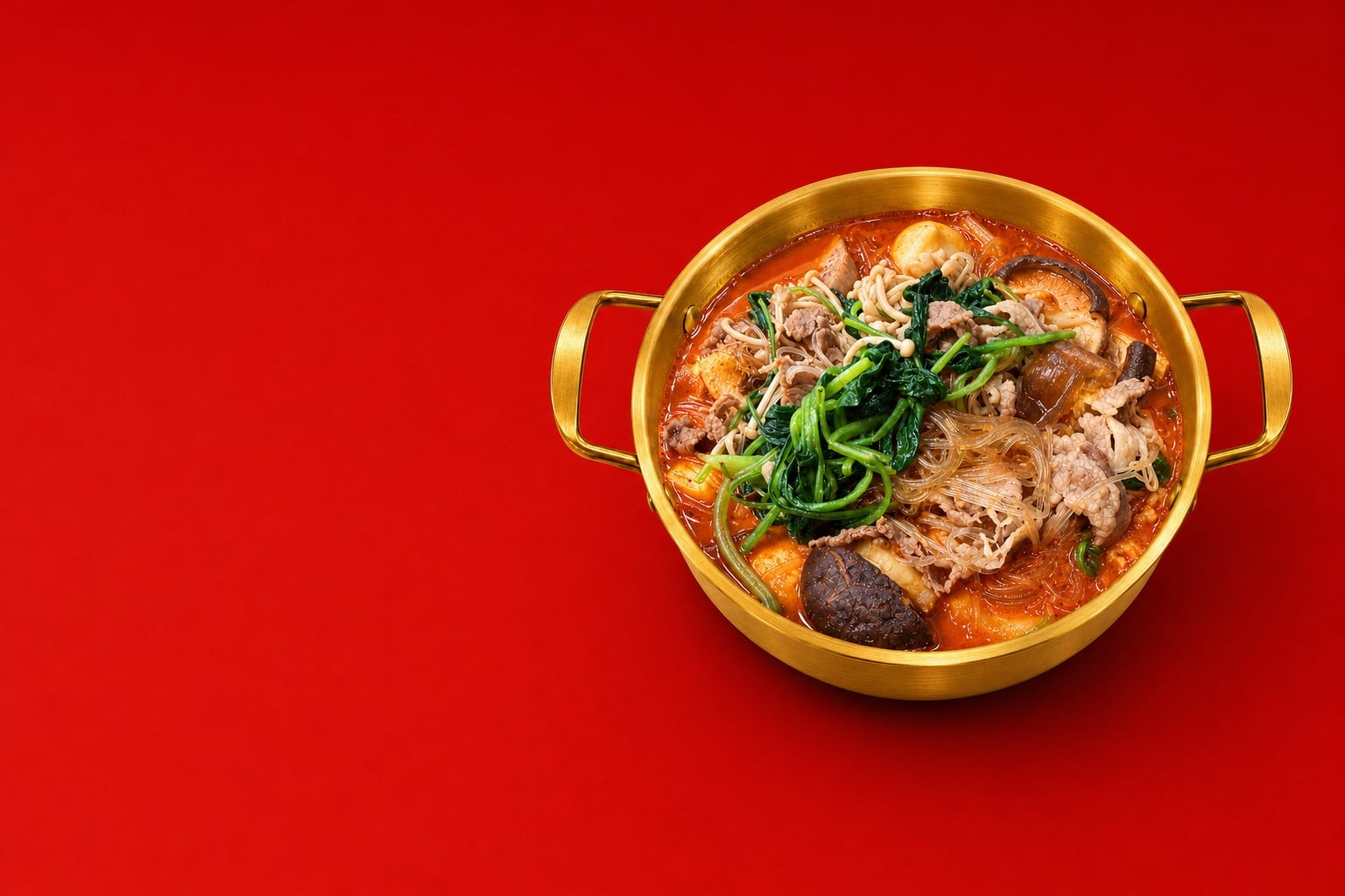 A gold-rimmed pot of Guifei Spicy signature malatang — marbled beef, enoki, spinach, shiitake and glass noodles in crimson broth — on a red field
